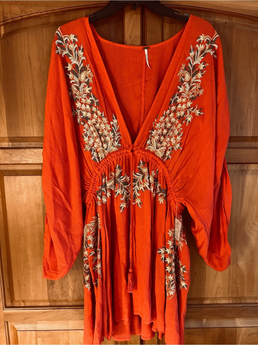 Free People, Richly Embroidered V-Neck Women's Red Top/Tunic/Dress. Size L, NWT.